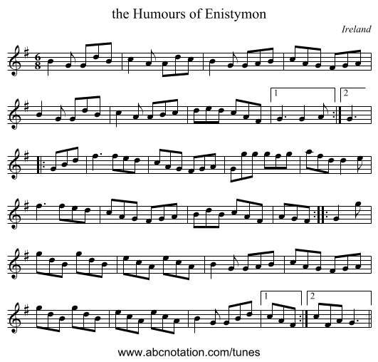 the Humours of Enistymon - staff notation