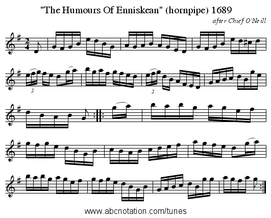 The Humours Of Enniskean (hornpipe) 1689 - staff notation
