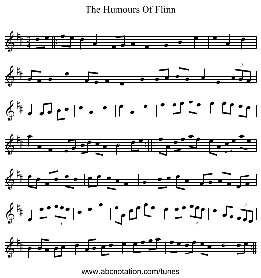 The Humours Of Flinn - staff notation