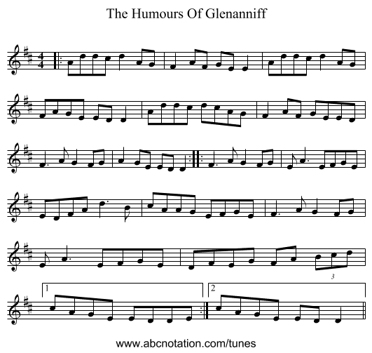 The Humours Of Glenanniff - staff notation