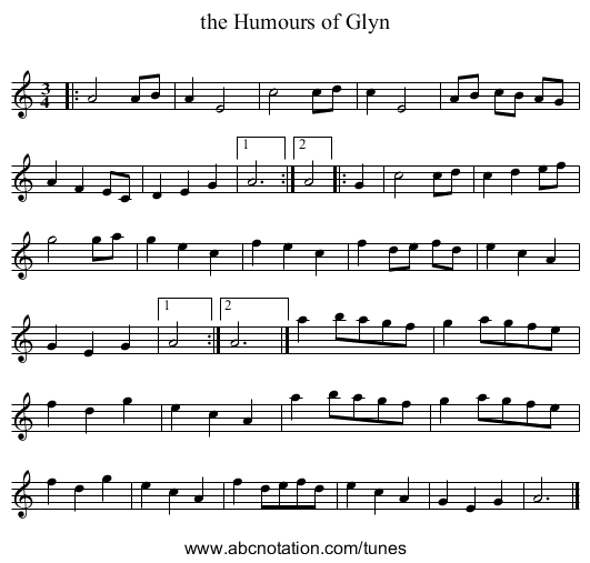 the Humours of Glyn - staff notation