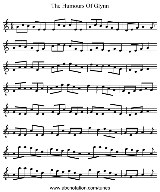 The Humours Of Glynn - staff notation