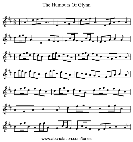 The Humours Of Glynn - staff notation