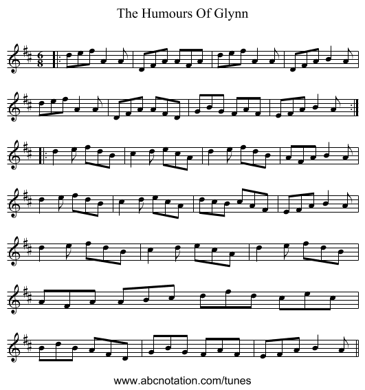 The Humours Of Glynn - staff notation