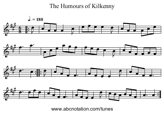 The Humours of Kilkenny - staff notation