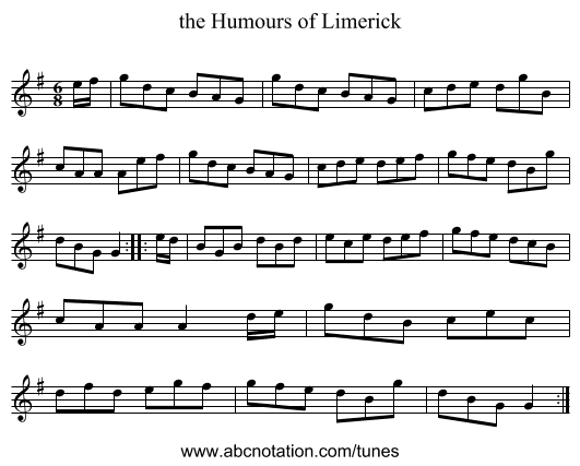 the Humours of Limerick - staff notation