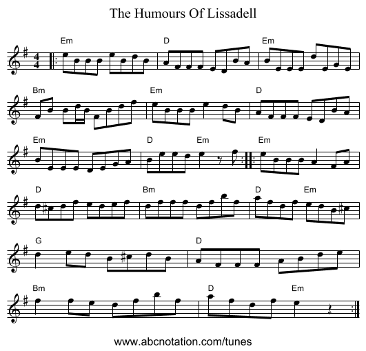 The Humours Of Lissadell - staff notation