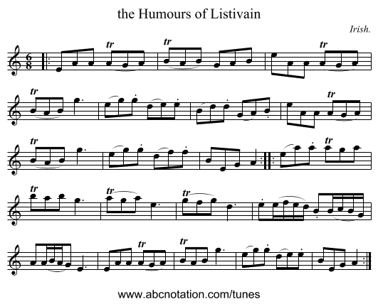 the Humours of Listivain - staff notation