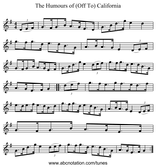 The Humours of (Off To) California - staff notation
