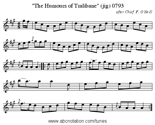 The Humours of Tralibane (jig) 0793 - staff notation