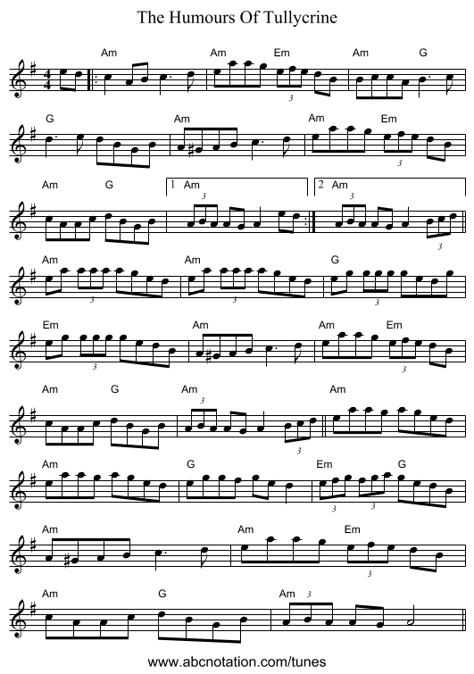 The Humours Of Tullycrine - staff notation