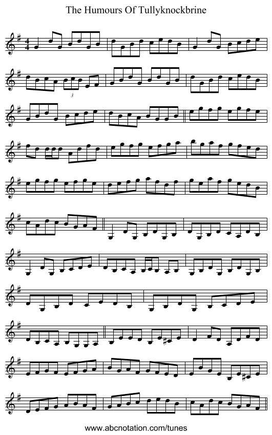 The Humours Of Tullyknockbrine - staff notation