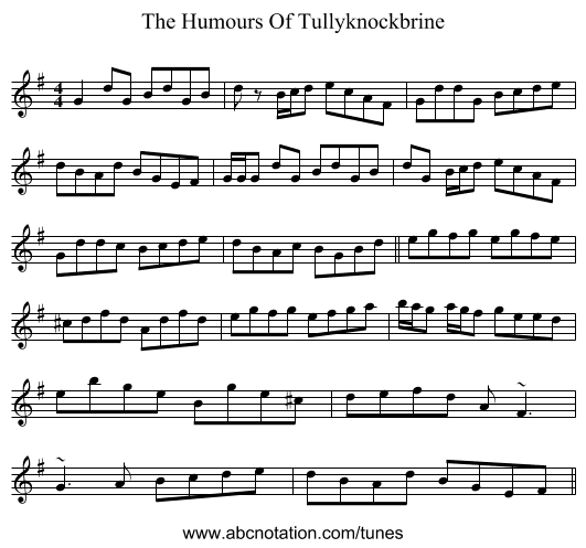 The Humours Of Tullyknockbrine - staff notation