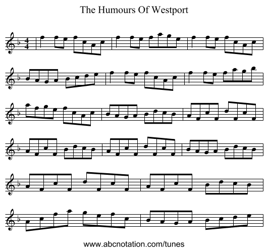 The Humours Of Westport - staff notation