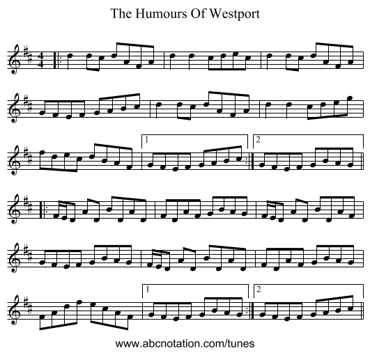 The Humours Of Westport - staff notation
