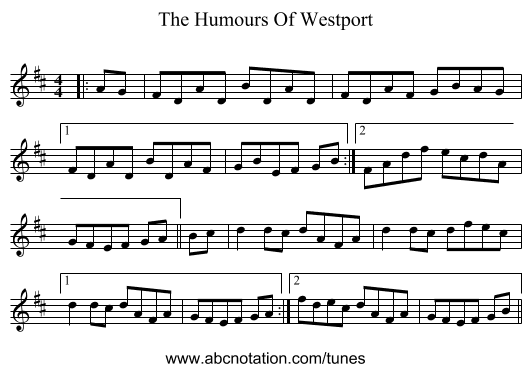 The Humours Of Westport - staff notation