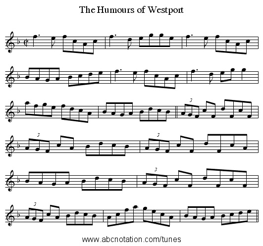 The Humours of Westport - staff notation