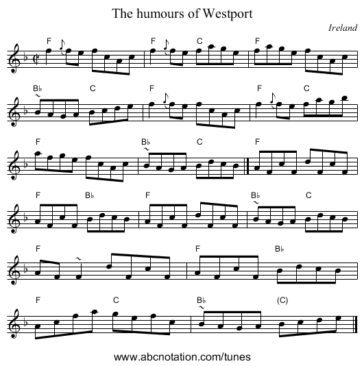The humours of Westport - staff notation