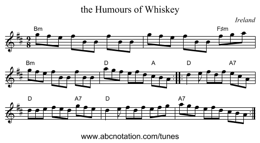 the Humours of Whiskey - staff notation