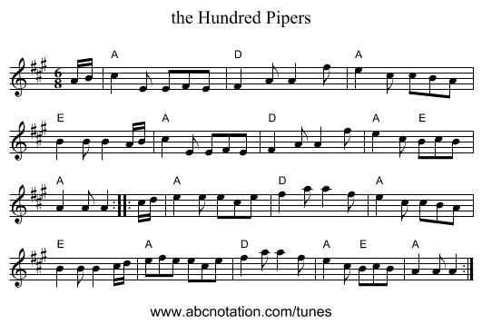 the Hundred Pipers - staff notation