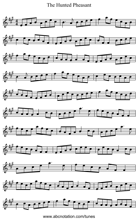 The Hunted Pheasant - staff notation