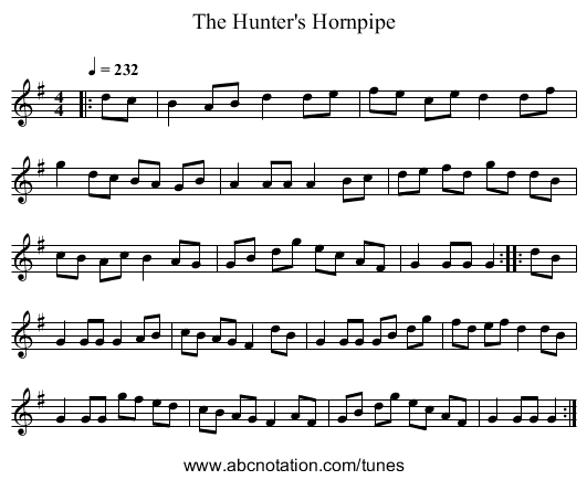 The Hunter's Hornpipe - staff notation