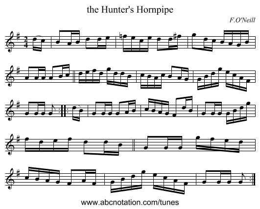 the Hunter's Hornpipe - staff notation