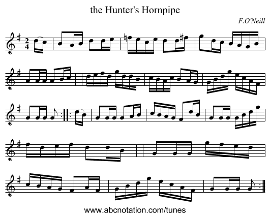 the Hunter's Hornpipe - staff notation