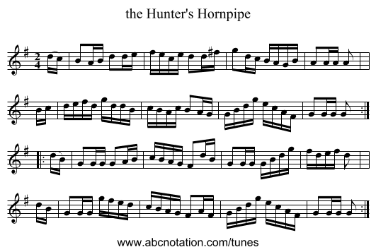 the Hunter's Hornpipe - staff notation