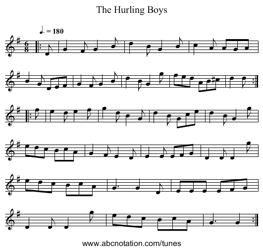 The Hurling Boys - staff notation