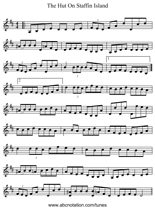The Hut On Staffin Island - staff notation