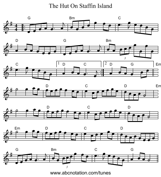 The Hut On Staffin Island - staff notation