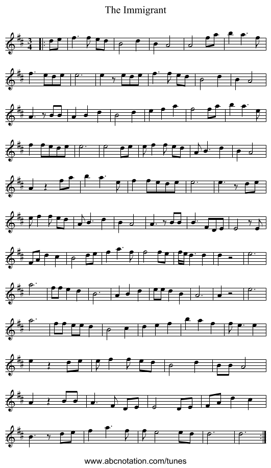 The Immigrant - staff notation