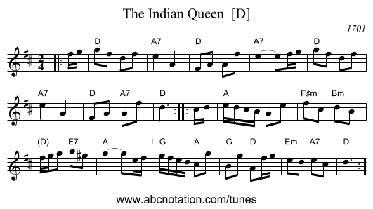 The Indian Queen  [D] - staff notation