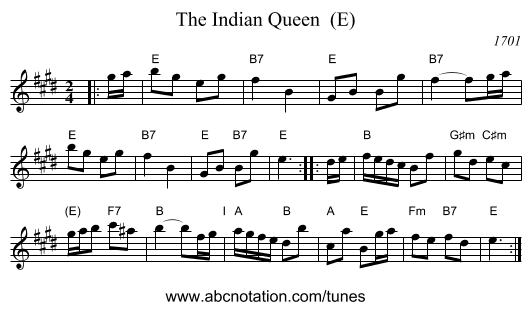 The Indian Queen  (E) - staff notation