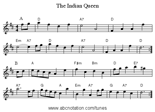 The Indian Queen - staff notation