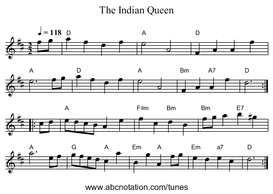 The Indian Queen - staff notation