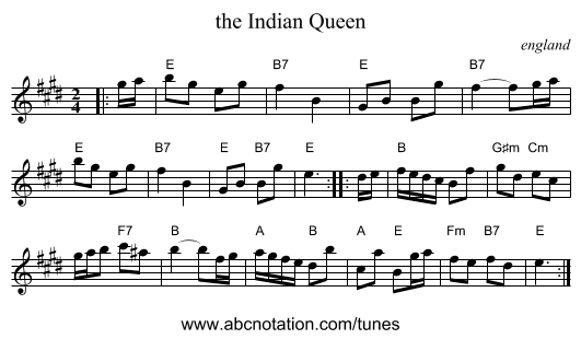 the Indian Queen - staff notation