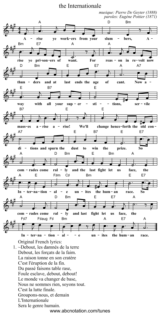 the Internationale - staff notation