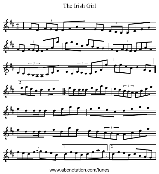 The Irish Girl - staff notation