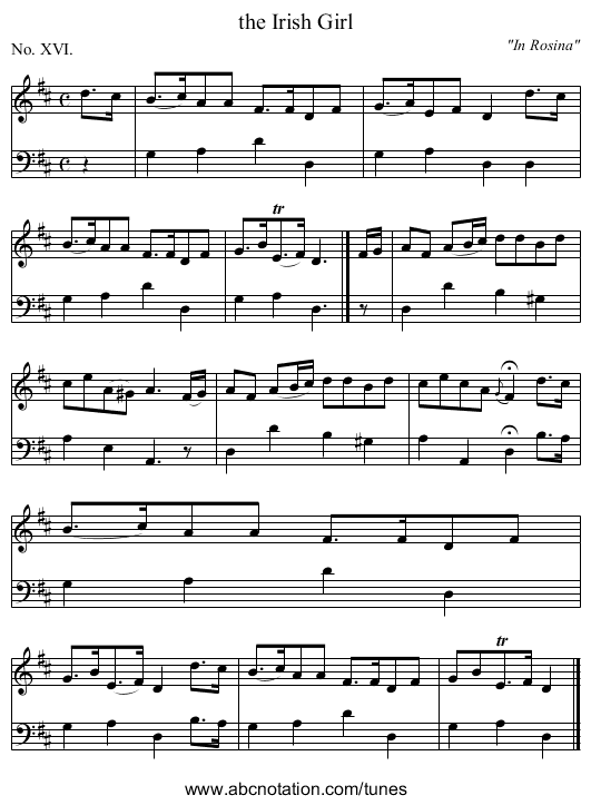 the Irish Girl - staff notation