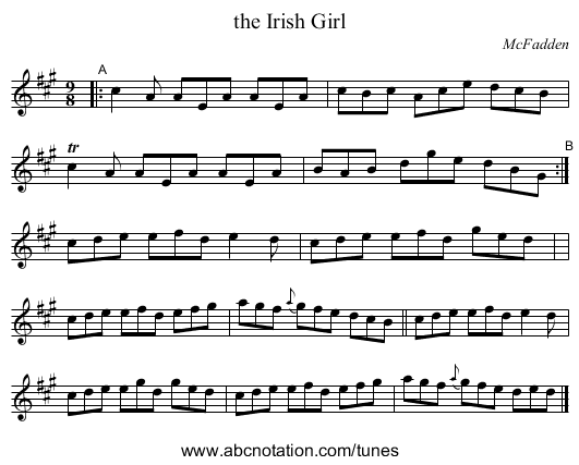 the Irish Girl - staff notation
