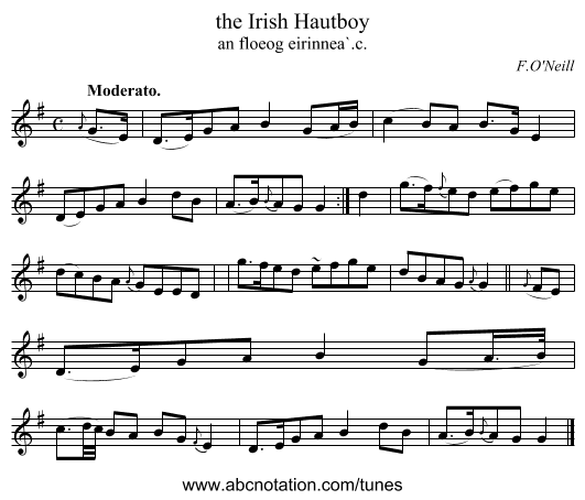 the Irish Hautboy - staff notation