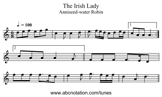 The Irish Lady - staff notation