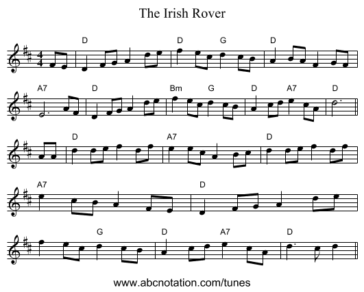 The Irish Rover - staff notation