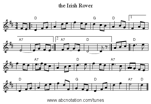 the Irish Rover - staff notation