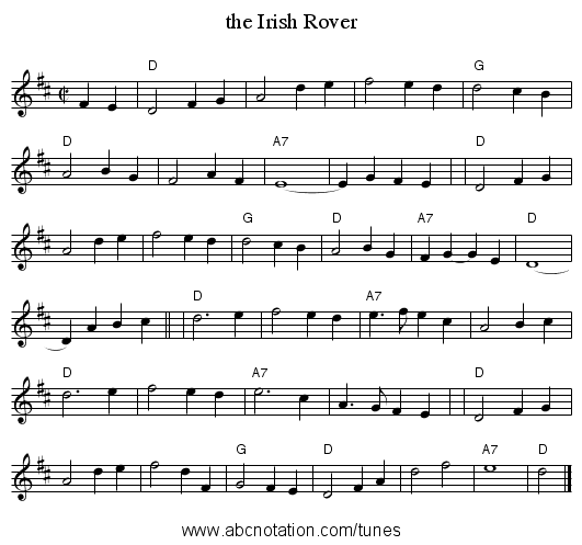 the Irish Rover - staff notation