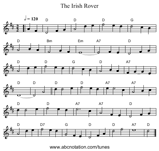 The Irish Rover - staff notation