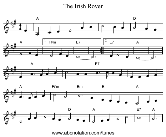 The Irish Rover - staff notation