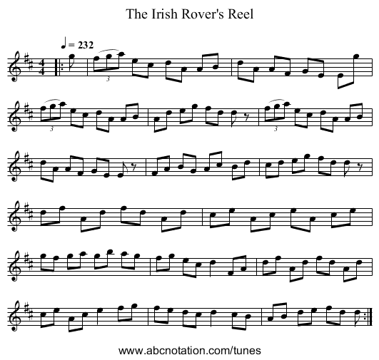 The Irish Rover's Reel - staff notation
